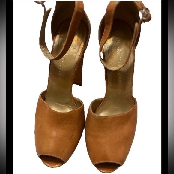 Stuart Weitzman Ankle Strap Platform Shoes Sz 7.5 Brown Leather Block Heels - Picture 2 of 8